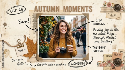 Joyful autumn moments captured in a creative mixed media artwork combining travel memories and vibrant urban life experience