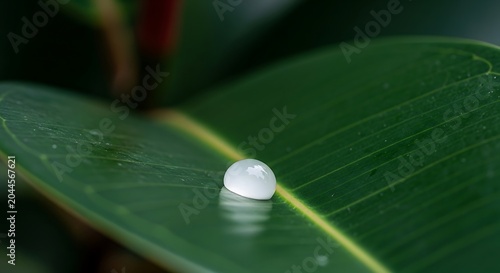 Single clear raindrop resting on smooth green leaf surface with raindrop