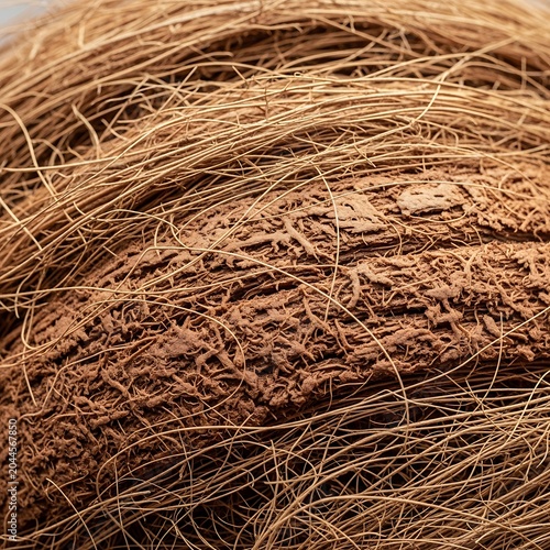 Macro detail of natural brown coconut fiber texture with background, material