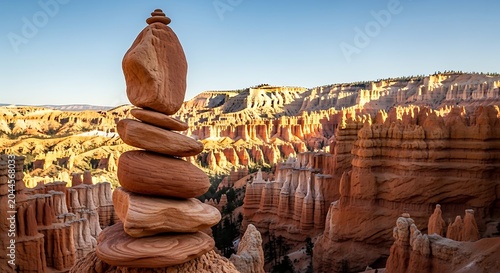 Balanced stone stack in bryce canyon national park at golden hour with landscape