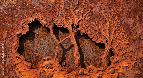 Rusty metal surface with organic tree-like corrosion patterns, corrosion