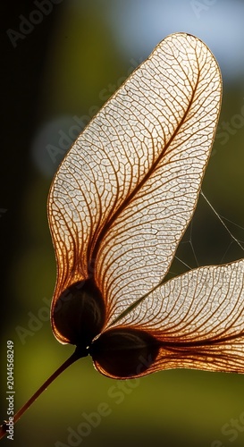 Macro view of translucent maple seed samara with delicate vein texture, seedling