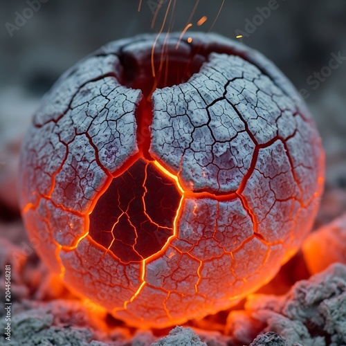 Glowing molten coal ember with internal cracking texture fracture volcanic