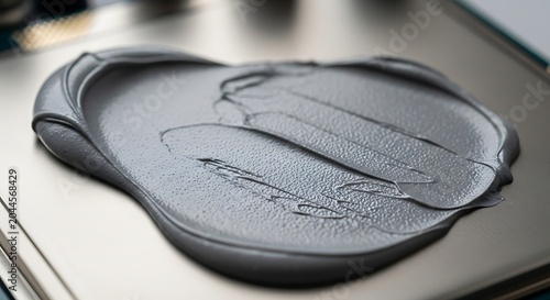 Smear of dark grey cosmetic cream or paint on a smooth metallic surface