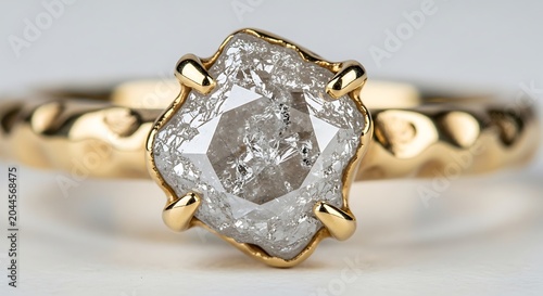 Luxury gold ring featuring a raw uncut diamond setting close up, gemstone