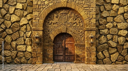 An ornate medieval stone archway featuring a carved heraldic crest above heavy wooden doors, flanked by lit lanterns and set into textured cobblestone paving, evoking history, craftsmanship.