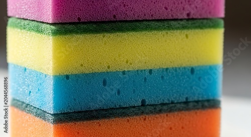 Stack of colorful kitchen cleaning sponges with cleaning colorful household