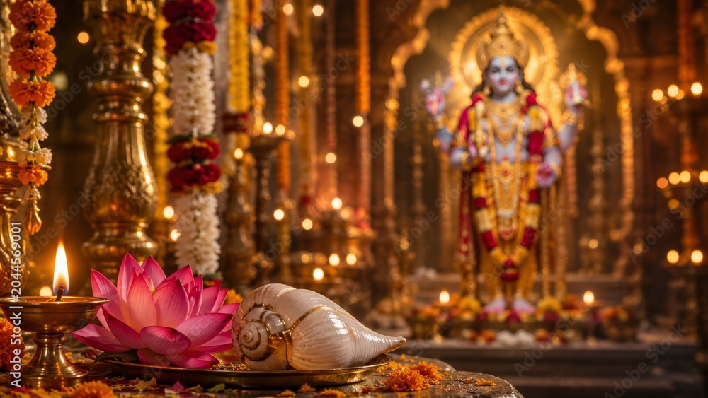 Fototapeta premium Sacred Parama Ekadashi puja setup featuring a lit brass diya, beautiful pink lotus, and conch shell in focus. A beautifully blurred golden statue of Lord Vishnu stands gracefully in the background.