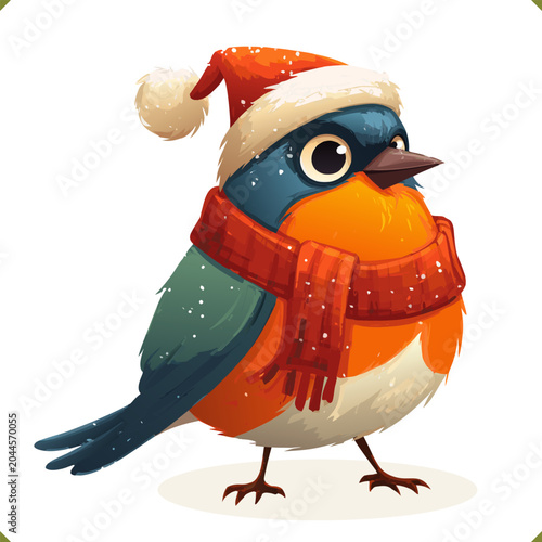 Vector illustration of bullfinch wearing warm hat and scarf, isolated on a white background, perfect for holiday cards and kids designs