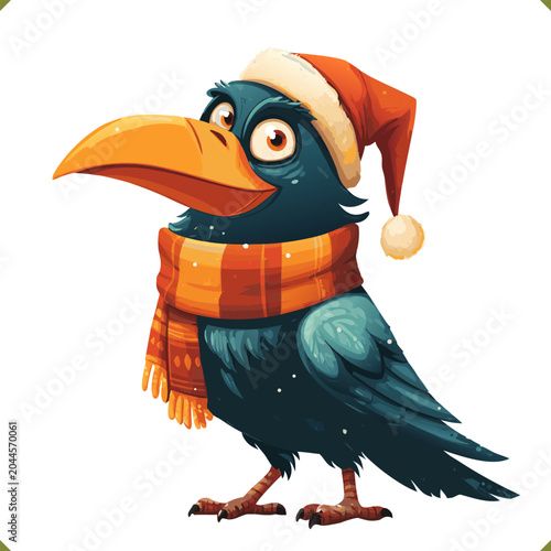 Vector illustration of a cute crow wearing a warm hat and scarf, isolated on a white background