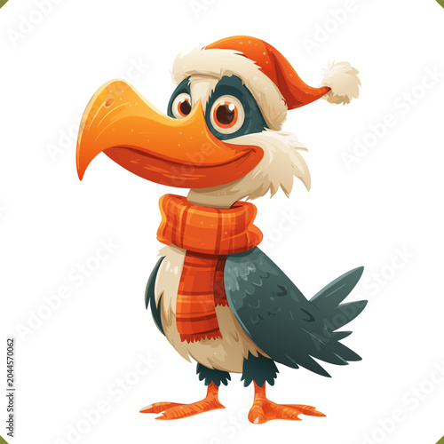 Vector illustration of a cute albatross wearing an orange hat and scarf, smiling and standing, isolated on a white background