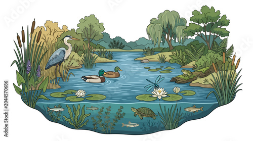 Great blue heron and mallard duck in a summer pond ecosystem illustration