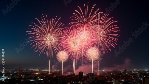 Spectacular Fireworks Display Illuminating the Night Sky Over City.