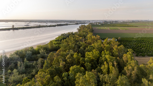 Guadalquivir river flowing past riparian forest and farmlands