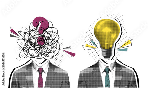 Quadro su tela Trendy Halftone Collage two business , with a chaotic brain with question and a