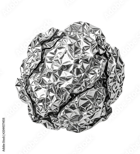 Crumpled ball of shiny aluminum foil with intricate folded metallic texture, isolated on a transparent background