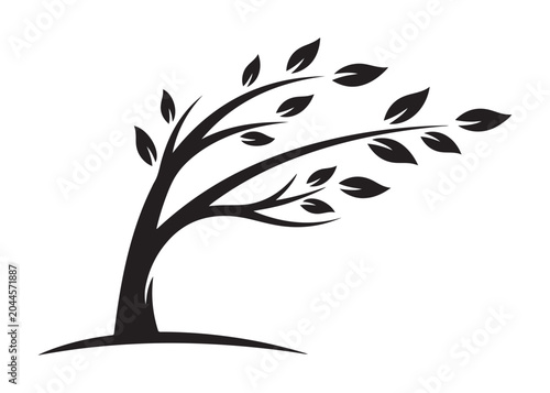 Bild auf Leinwand tree bent by wind logo silhouette vector, tree bent under wind silhouette vector illustration, windswept tree logo silhouette vector, oak tree bent by wind  logo vector silhouette on white background