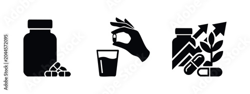 Cuadro en lienzo Pills, capsules, and vitamin supplements icons set, showing consumption and health benefits