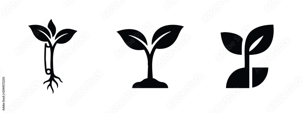 Fototapeta premium Plant with roots and growing sprout icons set, illustrating stages of plant life.