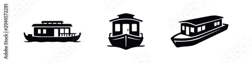 Tableau sur toile Houseboat and riverboat transport icons set, depicting various styles of water homes or vessels