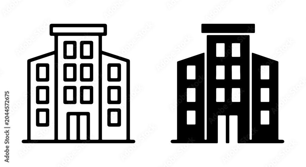 Naklejka premium Modern Building Icon Set, Minimalist Office Architecture, Black Line Art & Solid Fill Vector