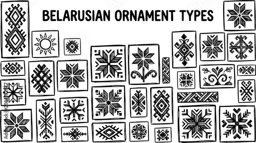 Canvas Print Belarusian Folk Culture Ornaments and Traditional Patterns - Black  White Hand-d