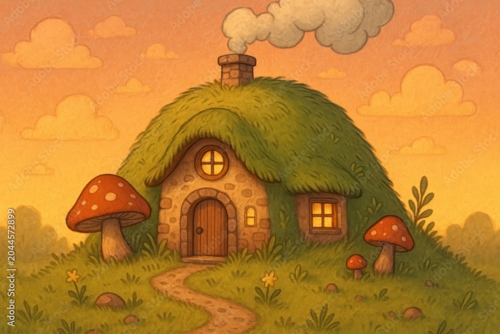 Obraz premium Whimsical mushroom house illustration.