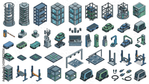 Top View Autonomous Parking Infrastructure CAD Elements Vector Set – Robotic Parking Towers, Smart Vehicle Storage Systems and Intelligent Navigation Equipment Blueprint