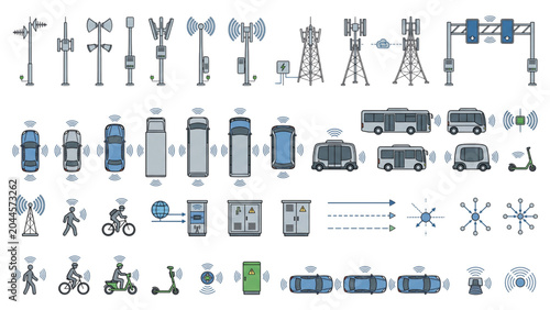Top View V2X Communication Infrastructure CAD Symbols Vector Set – Roadside Units, Connected Mobility Devices and Intelligent Transport Network Architecture Elements