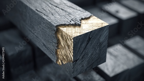 Rough dark material reveals a bright metallic core at its fractured edge