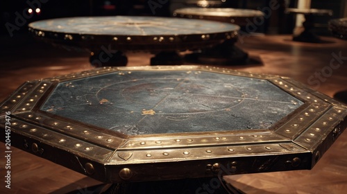 Ornate octagonal table featuring a dark, etched surface framed with riveted brass accents rests in a dimly lit interior space.