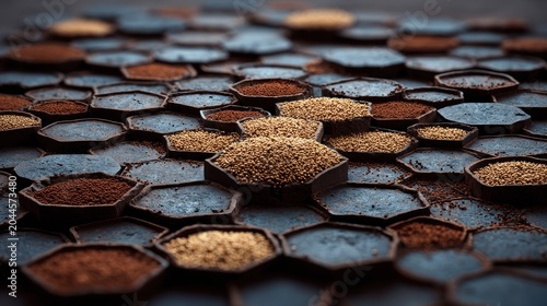 Hexagonal containers arranged in a repeating pattern holding assorted granular ingredients.