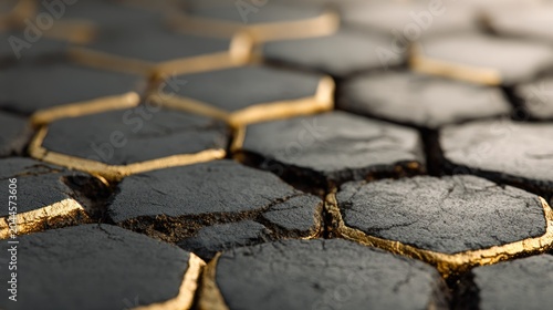 Close up view reveals a textured surface pattern composed of dark, irregular hexagonal shapes bordered by shiny metallic material.