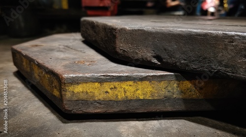 Stacked heavy metal calibration weights rest on a concrete floor in a dimly lit environment