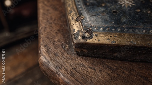 Close up reveals weathered wooden surface next to an aged, decorated metal-edged object.