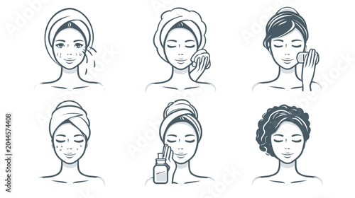 Photos Illustration of Facial Skincare Routine with Women Performing Various Beauty Tre