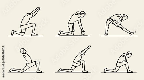 Illustration of Six Displayed Yoga Stretching Positions on a Light Background