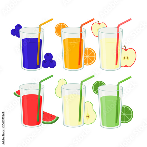 Vector illustration featuring a collection of fresh fruit juices served in glasses, including blueberry, orange, apple, watermelon, pear, and lime flavors.