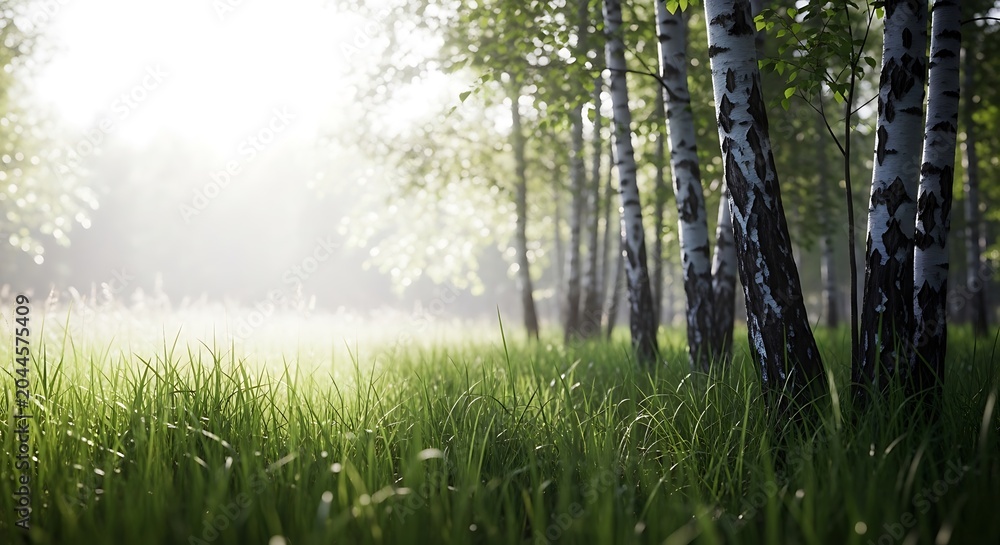 Obraz premium Sunlight filtering through birch trees onto a misty meadow with dew drops on grass