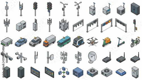 Top View V2X Communication Infrastructure CAD Symbols Vector Set – Roadside Units, Connected Mobility Devices and Smart Transport Network Elements