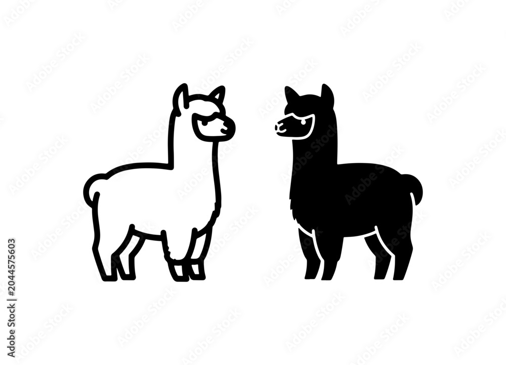 Naklejka premium Alpaca Icons, Vector Graphics, Cute Animal Silhouettes, Black and White