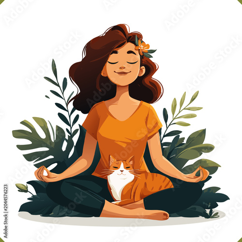 Vector illustration of a girl with glasses meditating in lotus pose with a small ginger cat, isolated on a white background