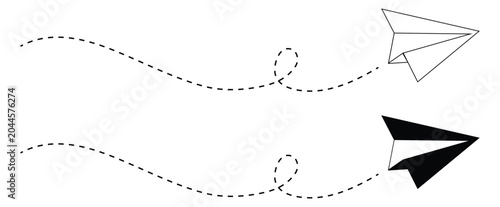 Flat Paper Airplane Flight Path Doodle Line Set Vector Illustration