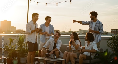 Group of friends celebrating sunset rooftop party with city skyline background