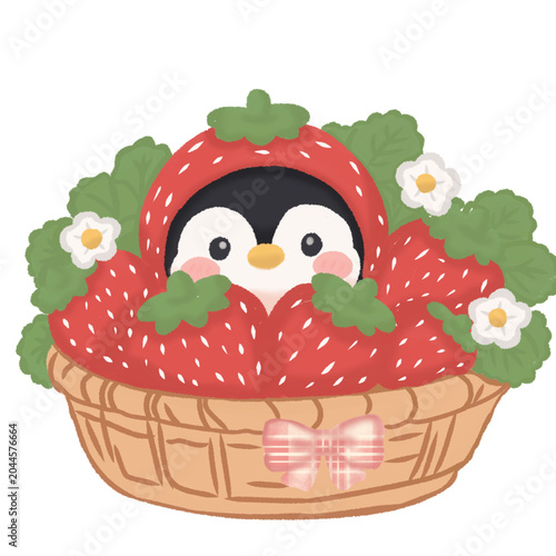 Obraz na plátně Cute Strawberry Basket Penguin Character