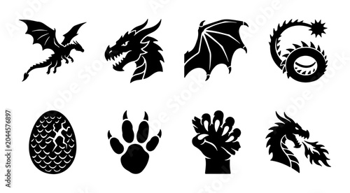Dragon Icons Set, Mythical Creature Vector Graphics, Fantasy Elements Collection