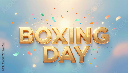 Golden 'boxing day' typography with confetti festive holiday greeting card design