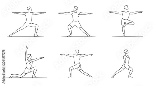 Photos Line Art Illustrations of Yoga Poses Demonstrating Flexibility and Balance in Va