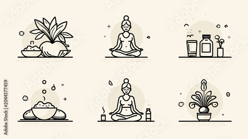 Bild auf Leinwand Minimalist Line Art Collection of Wellness Elements Including Meditation and Spa