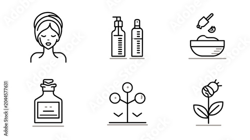Canvas Print Outline Icons of Skincare Products and Floral Elements for Beauty and Wellness S